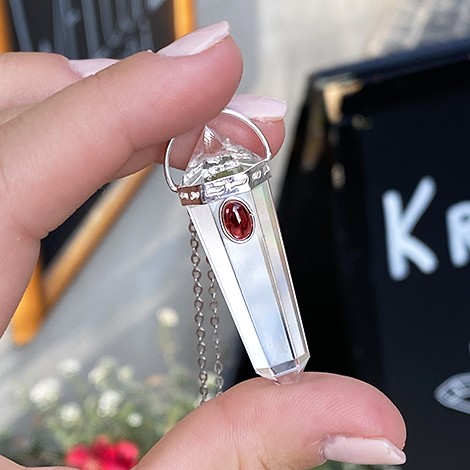 clear quartz and garnet energy pendant, crystal shop