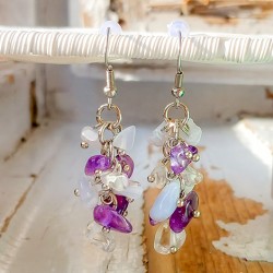 amethyst, blue chalcedony, clear quartz, dangling earrings, crystal earrings, crystal jewellery