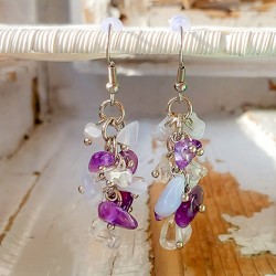 amethyst, blue chalcedony, clear quartz, dangling earrings, crystal earrings, crystal jewellery