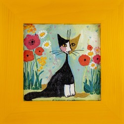 cat picture, wooden frame, cat in the garden