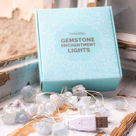 celestine, celestine crystal, crystal lights, celestine lights, fairy lights